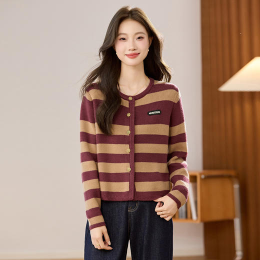 条纹针织衫开衫小香风，圆领毛衣外套长袖二八月外搭CC-108-1516 商品图3
