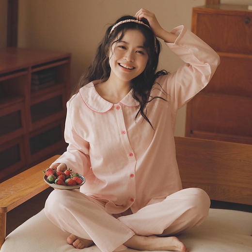 【全棉双层纱】日系甜美睡衣纯色娃娃领纯棉纱布家居服套装全棉少女减龄 商品图1