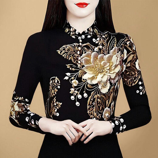 KQL E333M3176时尚洋气印花宽松妈妈衬衫显瘦长袖气质上衣 商品图1