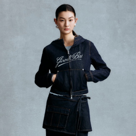 GOODBAI 斜体logo印花连帽正肩长袖牛仔外套