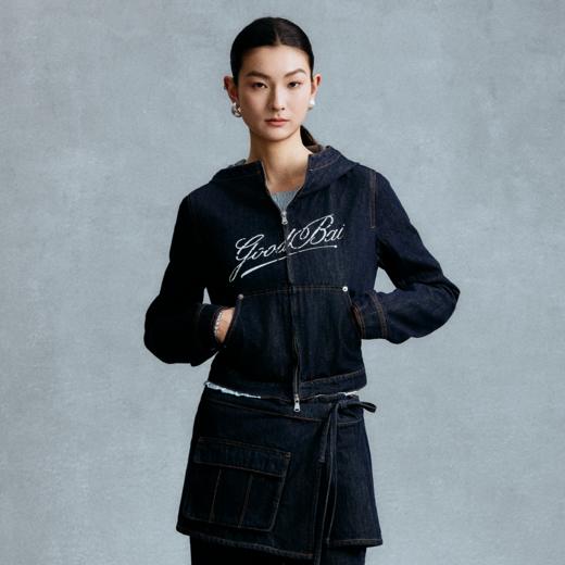 GOODBAI 斜体logo印花连帽正肩长袖牛仔外套 商品图0
