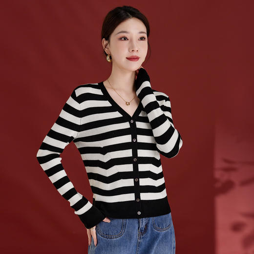SM 1531撞色条纹v领显瘦针织毛衣开衫绵羊毛蚕丝 商品图3