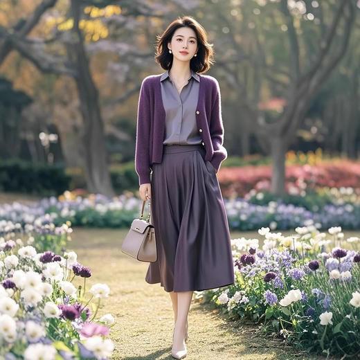 雀说显瘦洋气欧货潮时髦休闲紫色针织开衫衬衣半身裙AL5280 商品图0