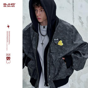BJHG不计后果假两件夹克外套男款秋季复古做旧连帽休闲皮衣上衣女