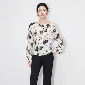 「高货wl」全新升级【铂金会员293/天猫389/差价96】(05725)洛诗琳气质优雅一字肩上衣2025秋季设计感雪纺印花上衣女