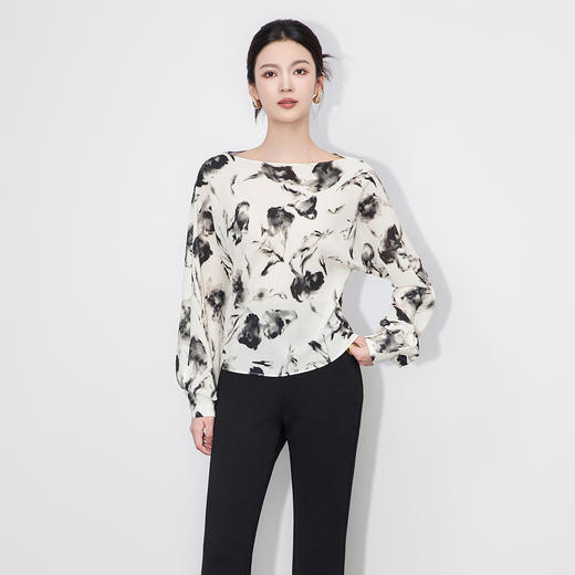 「高货wl」全新升级【铂金会员293/天猫389/差价96】(05725)洛诗琳气质优雅一字肩上衣2025秋季设计感雪纺印花上衣女 商品图0