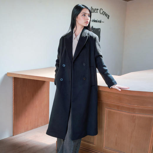 谜底呢子大衣女2025冬季新款通勤简约双排扣直筒羊毛呢258MD5501 商品图0