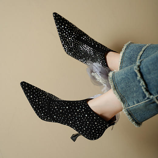 【预售5天】短靴子女巨好看配裙子新款早秋冬高细跟水钻花朵气质尖头宴会ALS&2597 商品图2