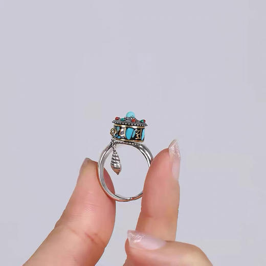 原创设计精工s925纯银镶嵌松石六字真言可转动经轮活口女戒指环 商品图8