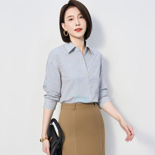 罗蒙秋冬厚款竖条纹长袖衬衫女士休闲百搭落肩宽松版磨毛棉质衬衣女上衣开衫 商品图2
