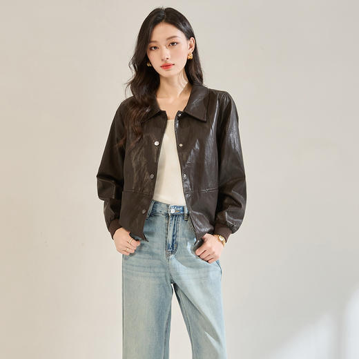 「高货sh」全新升级【铂金会员339/天猫459/差价120】(14958)洛诗琳新款金属丝pu皮衣2025秋季气质翻领显瘦夹克短外套 商品图0