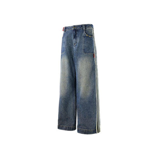 BJHG不计后果复古牛仔裤男女款秋季做旧水洗织带设计感运动牛仔裤 商品图3