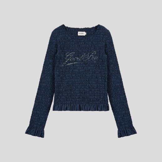 GOODBAI 斜体logo印花褶皱面料收身长袖T恤 商品图2