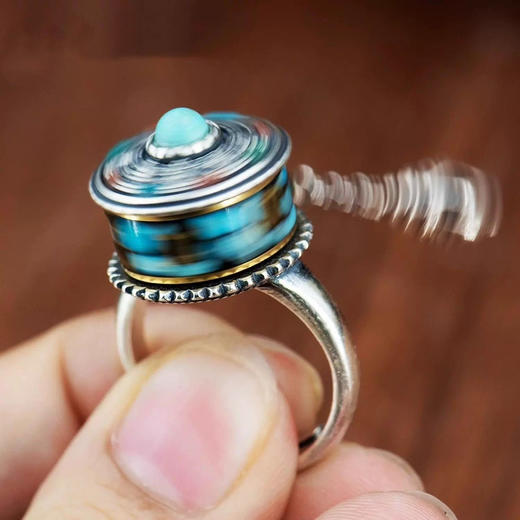 原创设计精工s925纯银镶嵌松石六字真言可转动经轮活口女戒指环 商品图7