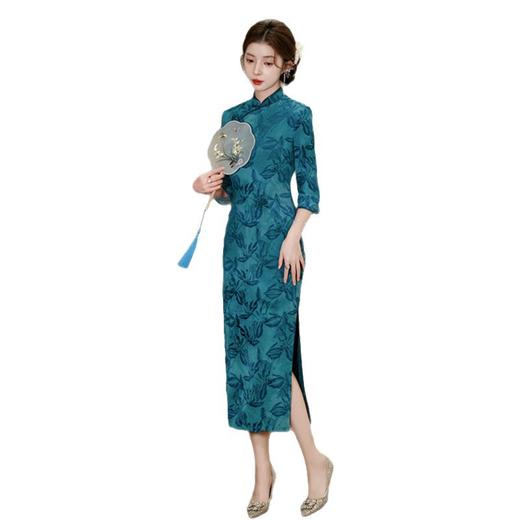 SKY 22801牛奶丝植绒长款七分袖旗袍复古国风 商品图4