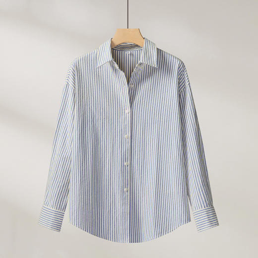 罗蒙秋冬厚款竖条纹长袖衬衫女士休闲百搭落肩宽松版磨毛棉质衬衣女上衣开衫 商品图5