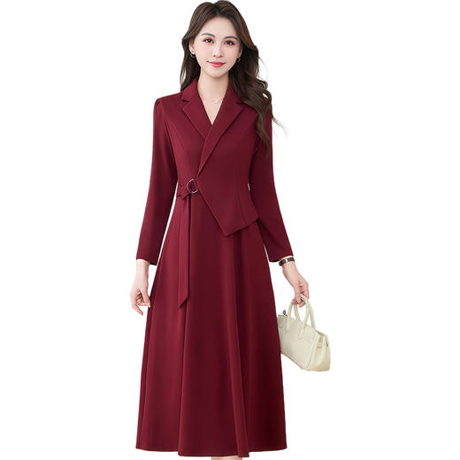 QYM 26810-Y西装领长袖连衣裙气质优雅过膝裙百褶长裙 商品图4