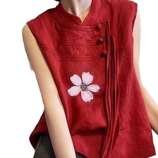 雀说新中式国风巨好看设计感上衣红色圆领盘扣无袖印花马甲AL 商品图4