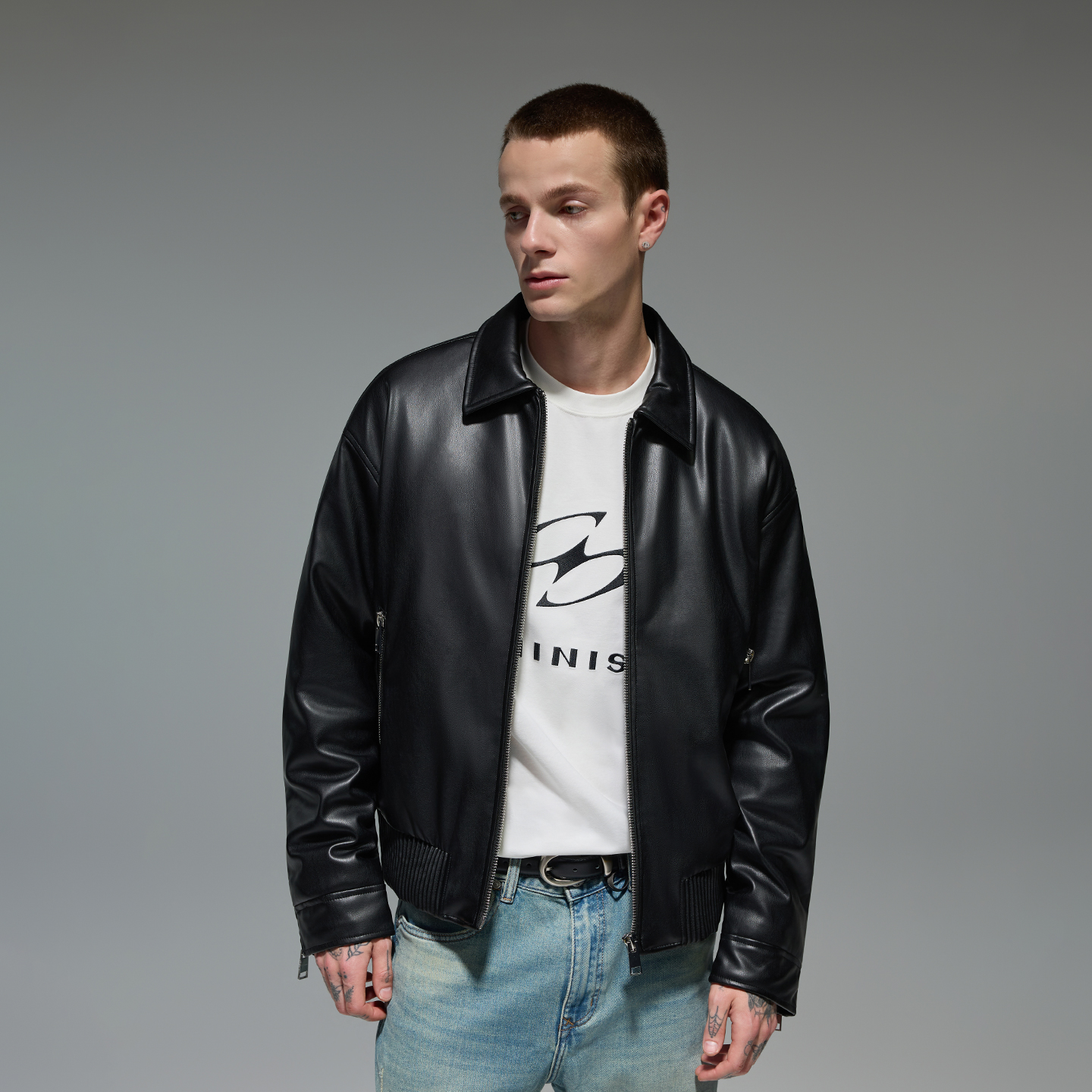 CHINISM赤尘 黑色蛋白皮翻领夹克男冬季新款加厚夹棉男士外套