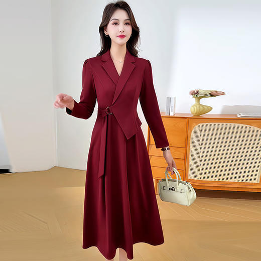 QYM 26810-Y西装领长袖连衣裙气质优雅过膝裙百褶长裙 商品图1