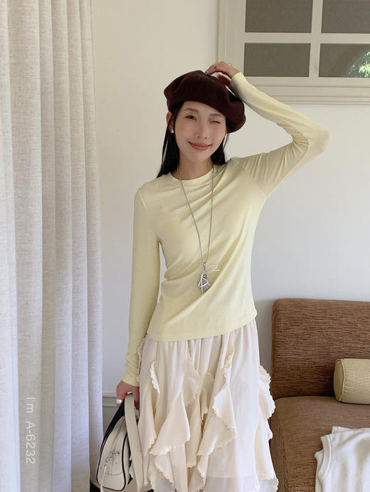 送项链！秋冬新款糯糯螺纹自由小圆领长袖T恤 百搭休闲打底衫内搭上衣 商品图2