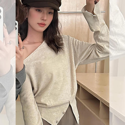 西遇撞色条纹针织衫女秋季新款设计感开叉下摆长袖露肩毛衣SS051464 商品图4