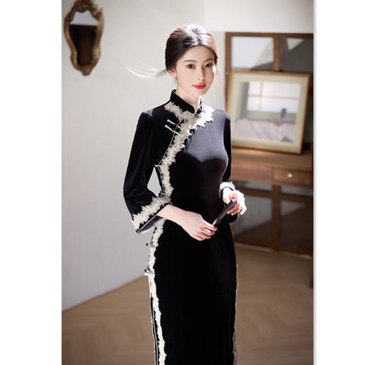 SKY 22768丝绒长款花边倒大袖旗袍复古国风改良新中式旗袍 商品图0