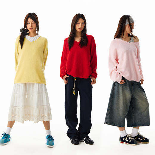 CryingCenter 软糯v领 落肩显瘦毛衣卫衣 哭喊中心 商品图0