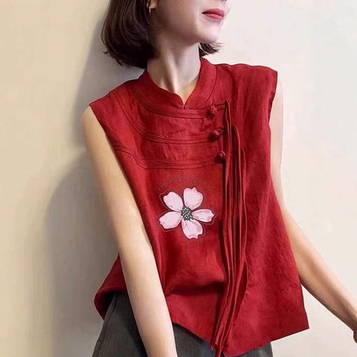 雀说新中式国风巨好看设计感上衣红色圆领盘扣无袖印花马甲AL 商品图2
