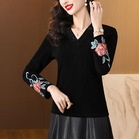 AHM yqwl6956国风V领长袖打底衫复古刺绣印花上衣