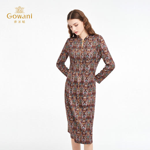 乔万尼2025秋新品中式小立领圣心草卷花印花长袖连衣裙ED3E285 商品图1