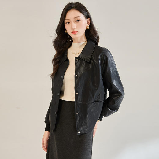 「高货sh」全新升级【铂金会员339/天猫459/差价120】(14958)洛诗琳新款金属丝pu皮衣2025秋季气质翻领显瘦夹克短外套 商品图2