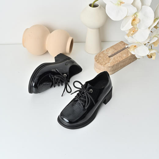 经典鲨2025秋专柜新品百搭黑色圆头鳄鱼纹中粗跟系带皮鞋女KC19-537251 商品图3