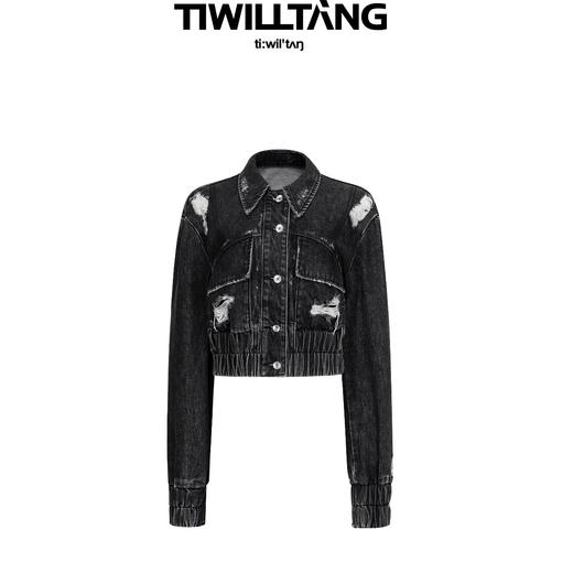 启世录TIWILLTANG “摇滚余晖”破洞牛仔外套女春秋显瘦水洗夹克 商品图4