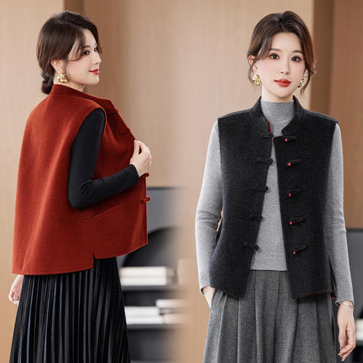 KQ新中式盘扣女马甲羊毛双面呢背心马夹国风复古立领修身上衣民族风 商品图0