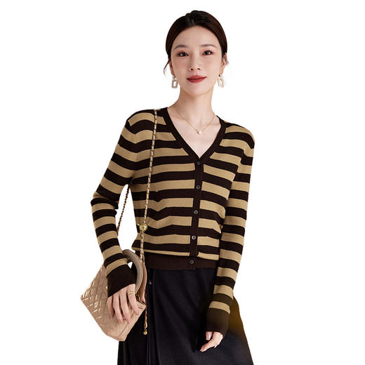 SM 1531撞色条纹v领显瘦针织毛衣开衫绵羊毛蚕丝 商品图4