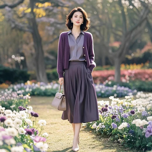 雀说显瘦洋气欧货潮时髦休闲紫色针织开衫衬衣半身裙AL5280 商品图2