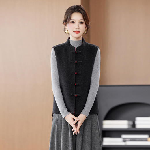 KQ新中式盘扣女马甲羊毛双面呢背心马夹国风复古立领修身上衣民族风 商品图1