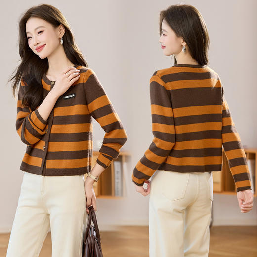 条纹针织衫开衫小香风，圆领毛衣外套长袖二八月外搭CC-108-1516 商品图2