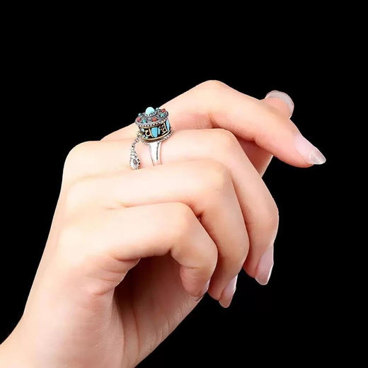 原创设计精工s925纯银镶嵌松石六字真言可转动经轮活口女戒指环 商品图6