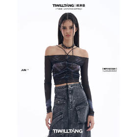 启世录TIWILLTANG“迷离涣境”网纱印花打底衫小众一字肩上衣