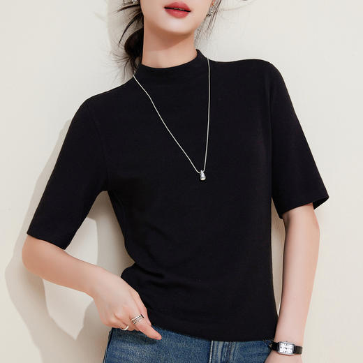 丁摩 半高领五分中袖女内搭春秋新款法式修身打底衫软糯中领上衣女5ZF-M933 商品图2