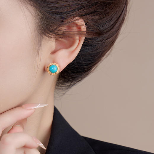 雀说真金电镀蓝松石小耳钉女百搭时尚气质高级感耳环复古轻奢精美耳饰AL1135 商品图3