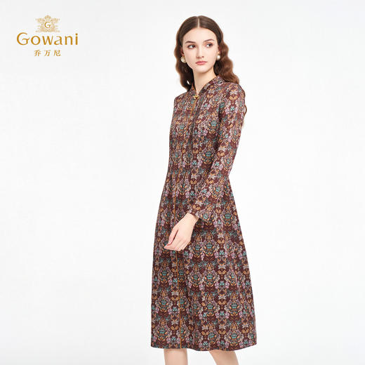 乔万尼2025秋新品中式小立领圣心草卷花印花长袖连衣裙ED3E285 商品图2