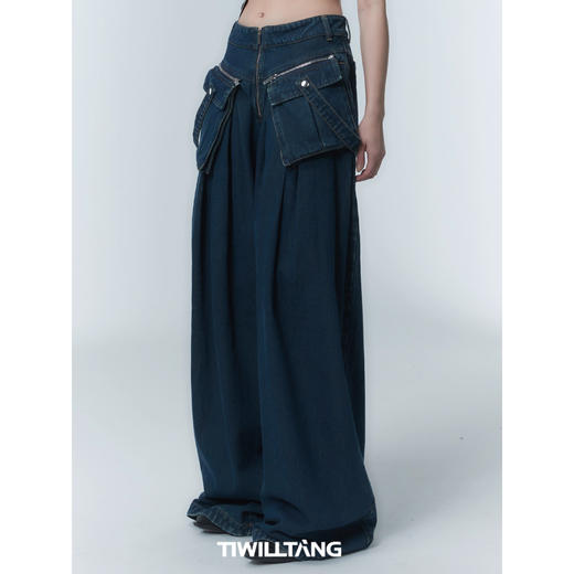 启世录TIWILLTANG “埏殒镜拟”压褶设计复古拖地高腰牛仔长裤女 商品图2