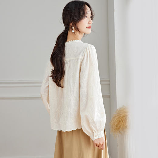 丁摩 蕾丝花边圆领衬衫女长袖秋装纯棉刺绣上衣绣花衬衣5ZF-58031 商品图3