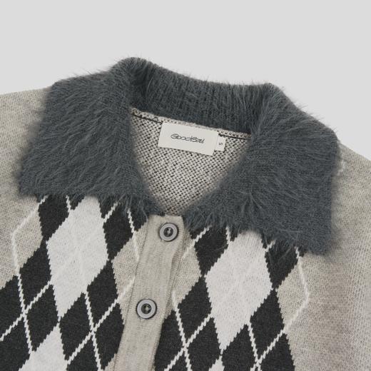 GOODBAI 菱格纹撞色拼接毛绒正肩长袖针织开衫 商品图3