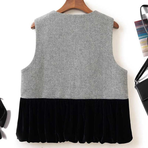 雀说新中式国风撞色毛呢马夹新款拼接荷叶边金丝绒马甲背心AL 商品图1