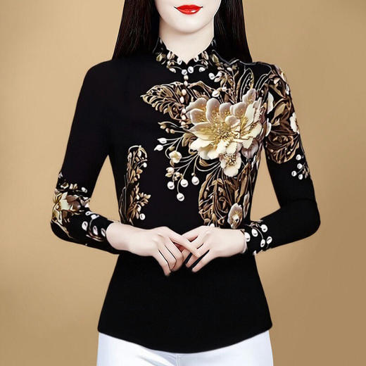 KQL E333M3176时尚洋气印花宽松妈妈衬衫显瘦长袖气质上衣 商品图0