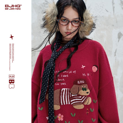 BJHG不计后果新款小狗毛衣男款秋季复古撞色圆领套头针织衫毛衣女 商品图0